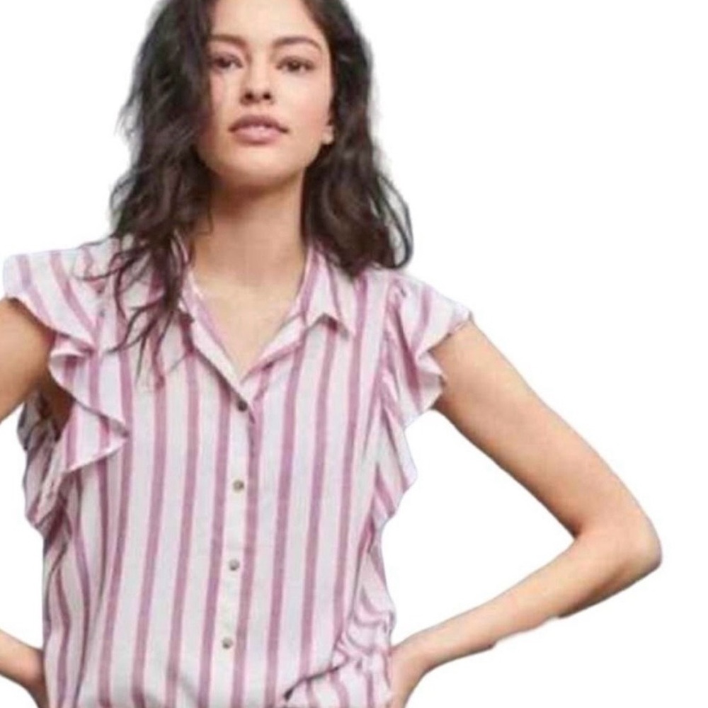 Maeve by Anthropologie Fairhope striped ruffle sleeve blouse in pink and white